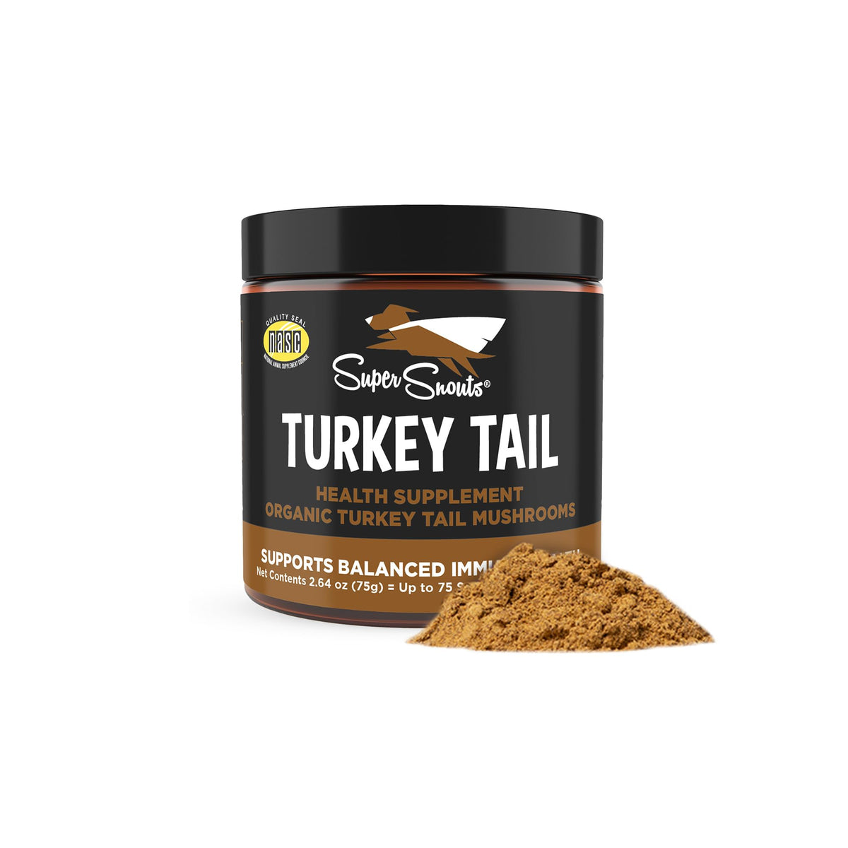 Super Snouts Turkey Tail powder bottle supports daily immune health for dogs and cats