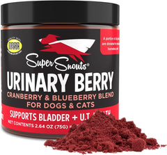 Super Snouts Urinary Berry bottle shows cranberry and blueberry blend for urinary support in pets.