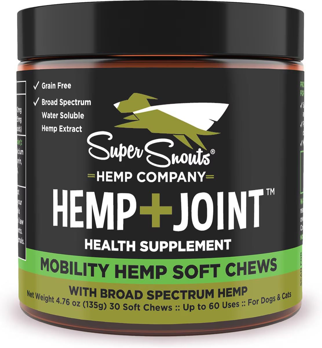 Super Snouts hemp joint chew bottle on shelf supporting joint mobility