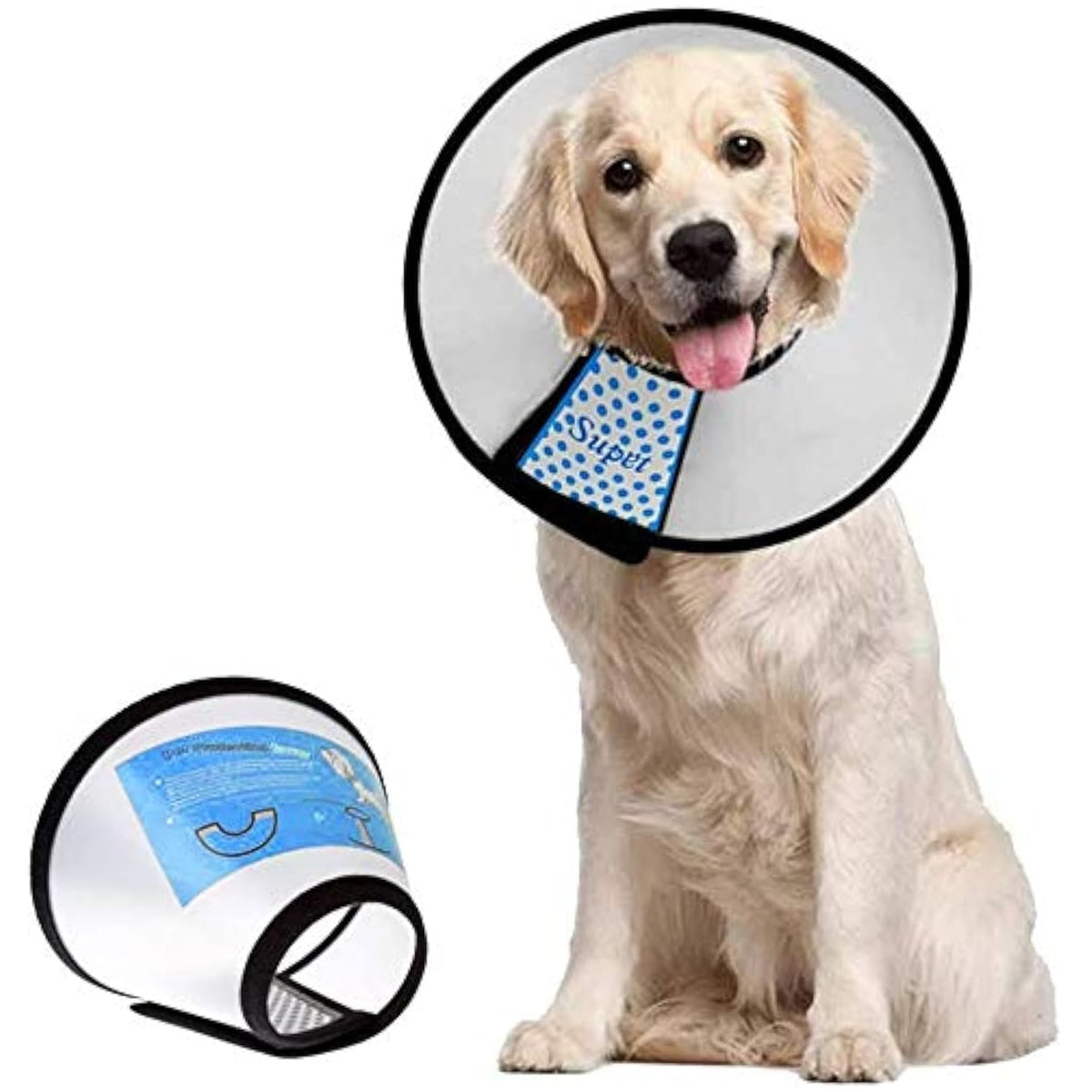 Supet adjustable dog cone collar shows comfortable post-surgery recovery.