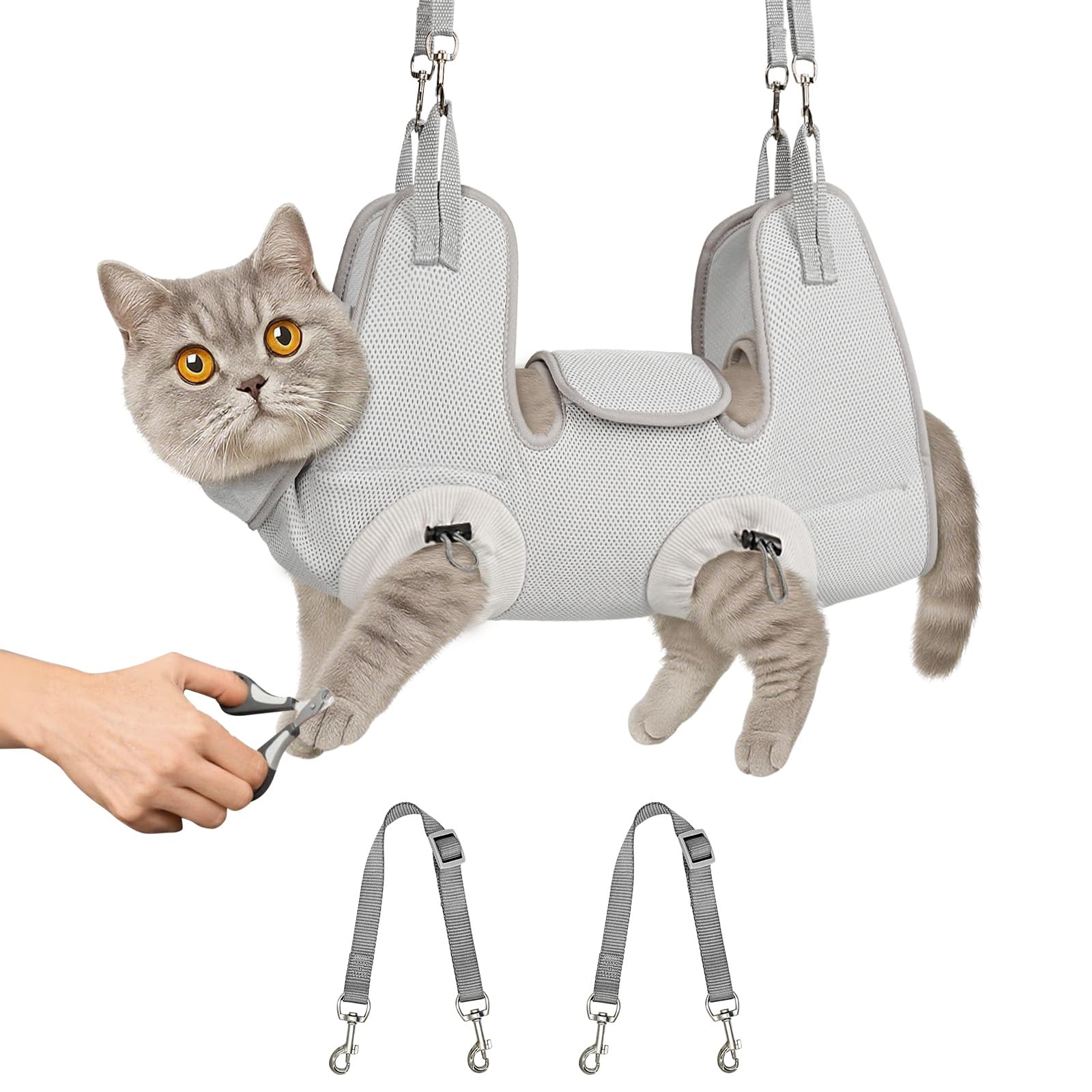 Supet cat grooming hammock harness for nail trimming in a calm, controlled setup.