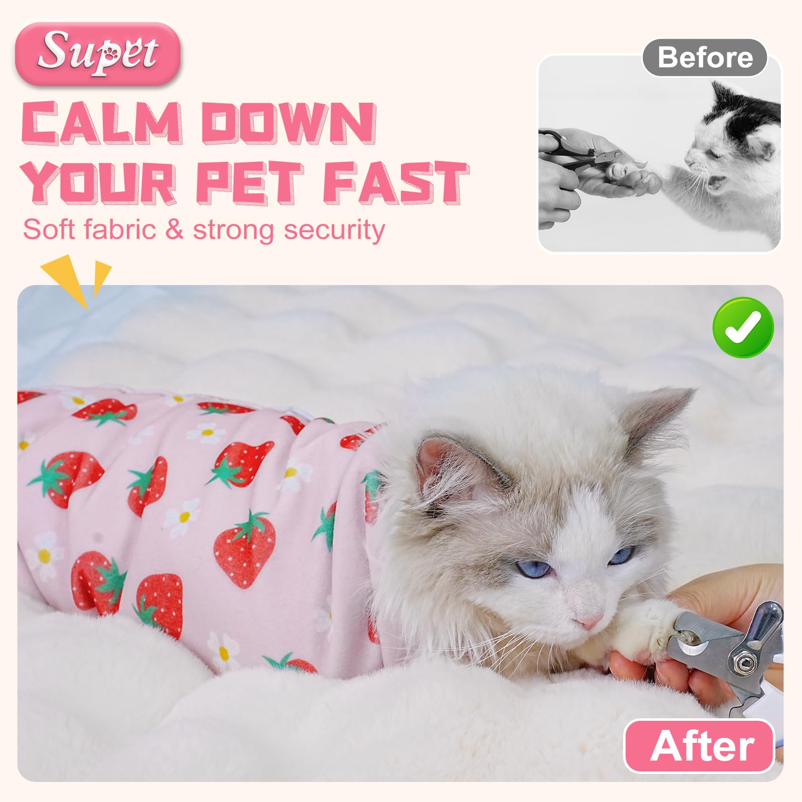 Supet Cat Grooming Wrap provides a secure wrap to prevent escaping during nail care.