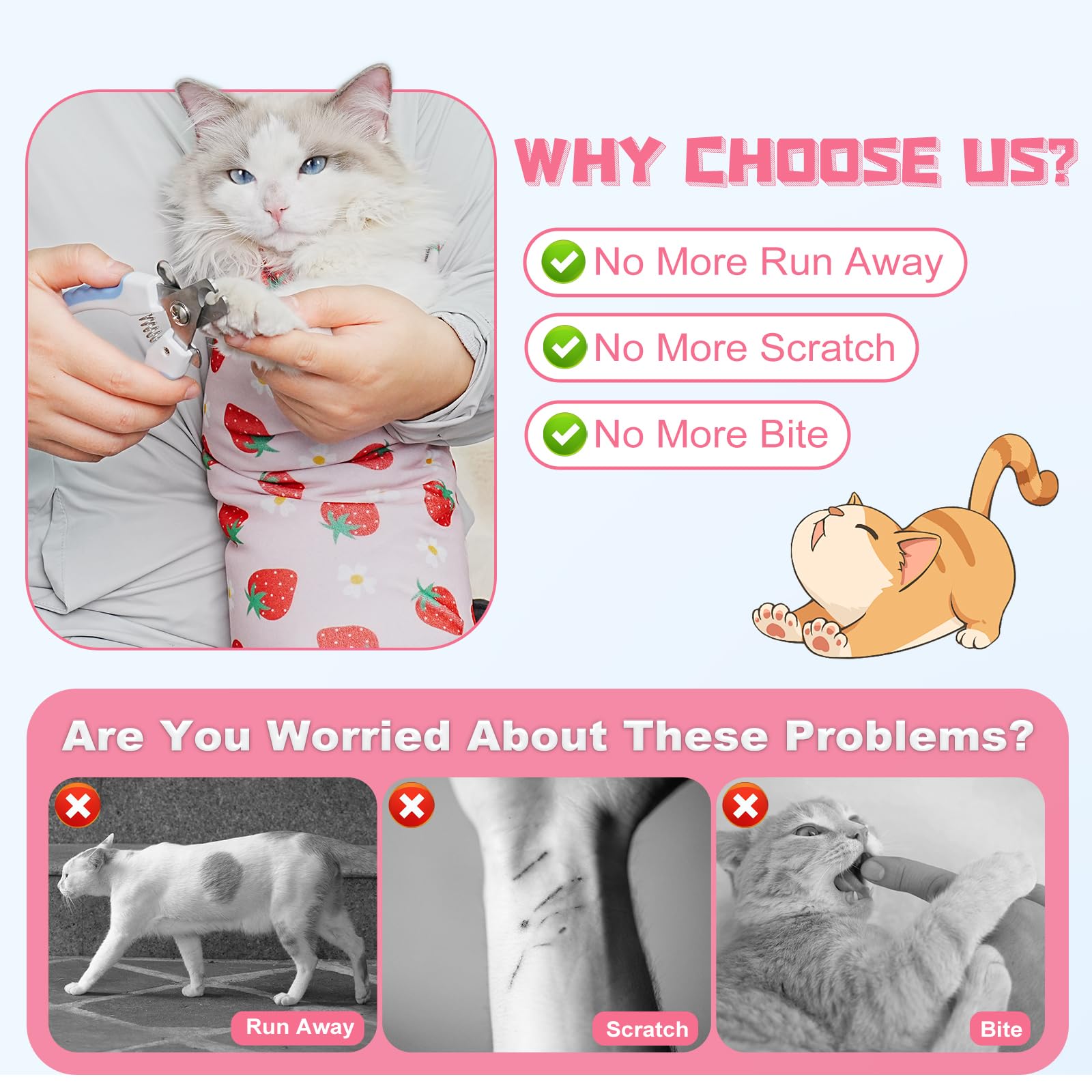 Supet Cat Grooming Wrap with self-adhesive material enables silent restraint during grooming.