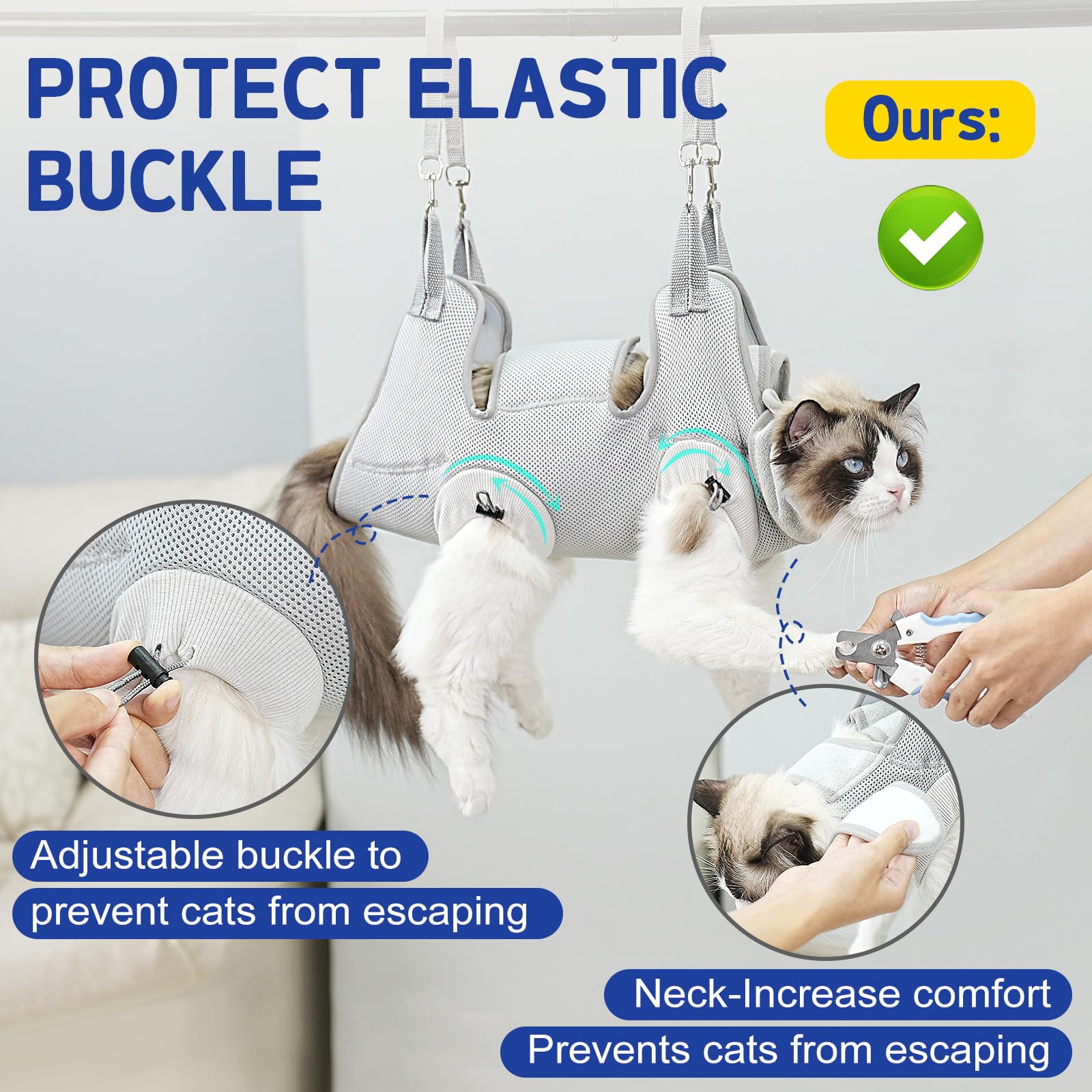 Supet cat hammock with soft mesh material provides breathable comfort during grooming.