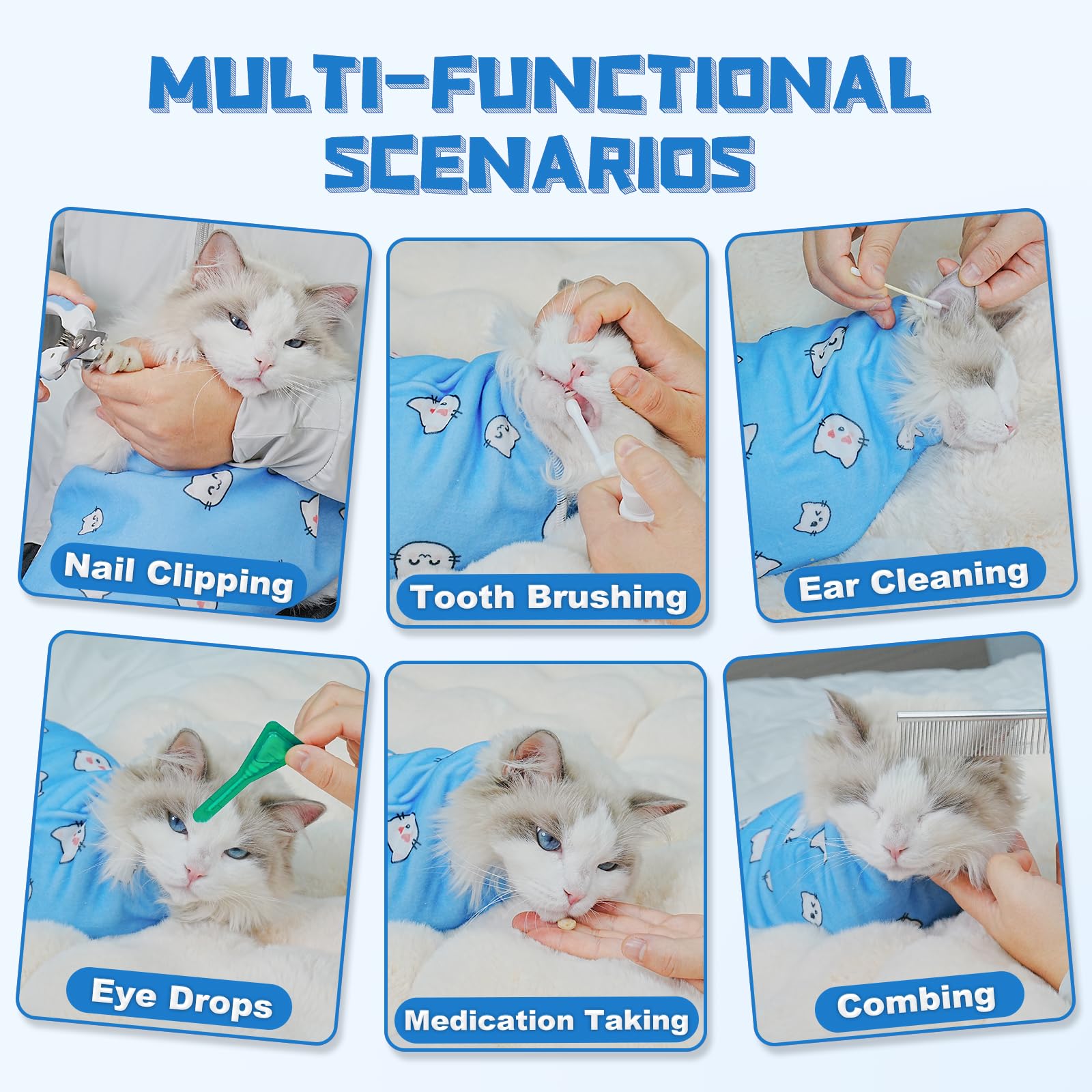 Supet Cat Wrap used for multi-use grooming tasks such as brushing teeth.