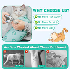 Supet Cat Wrap with self-adherent closure keeps the cat secure during care.