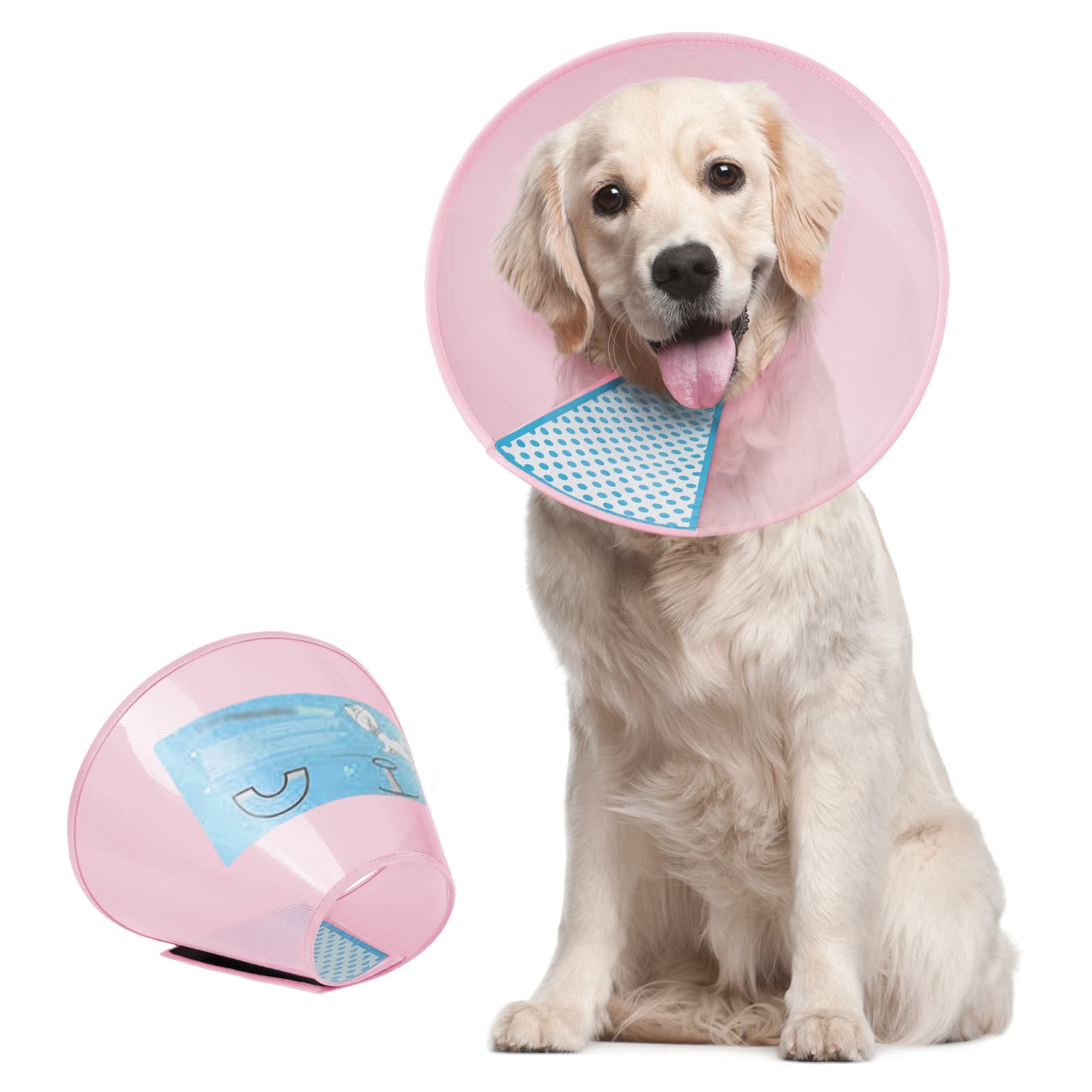 Supet dog cone collar adjustable with hook-and-loop strap for secure, comfortable fit.