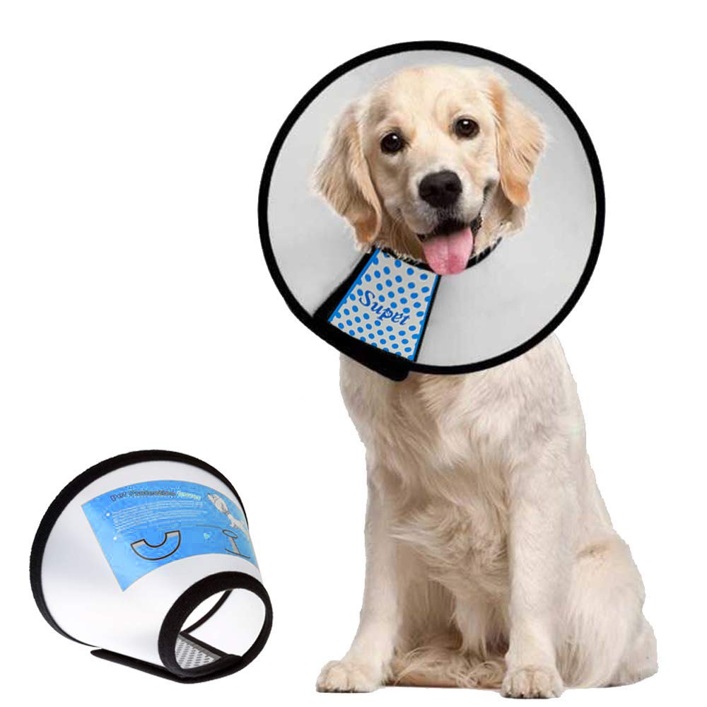 Supet dog cone collar adjustable design secures wounds during recovery.