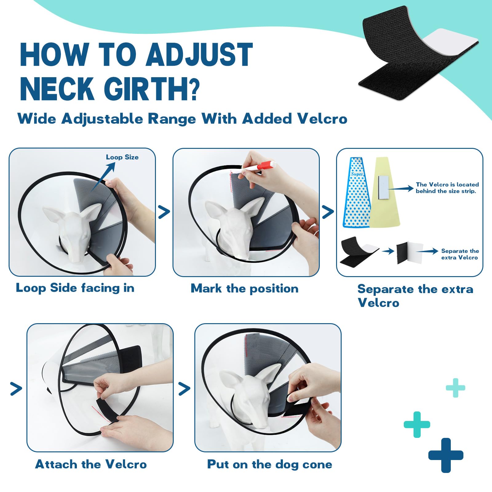 Supet dog cone collar with hook-and-loop closure for easy wearing and removal.