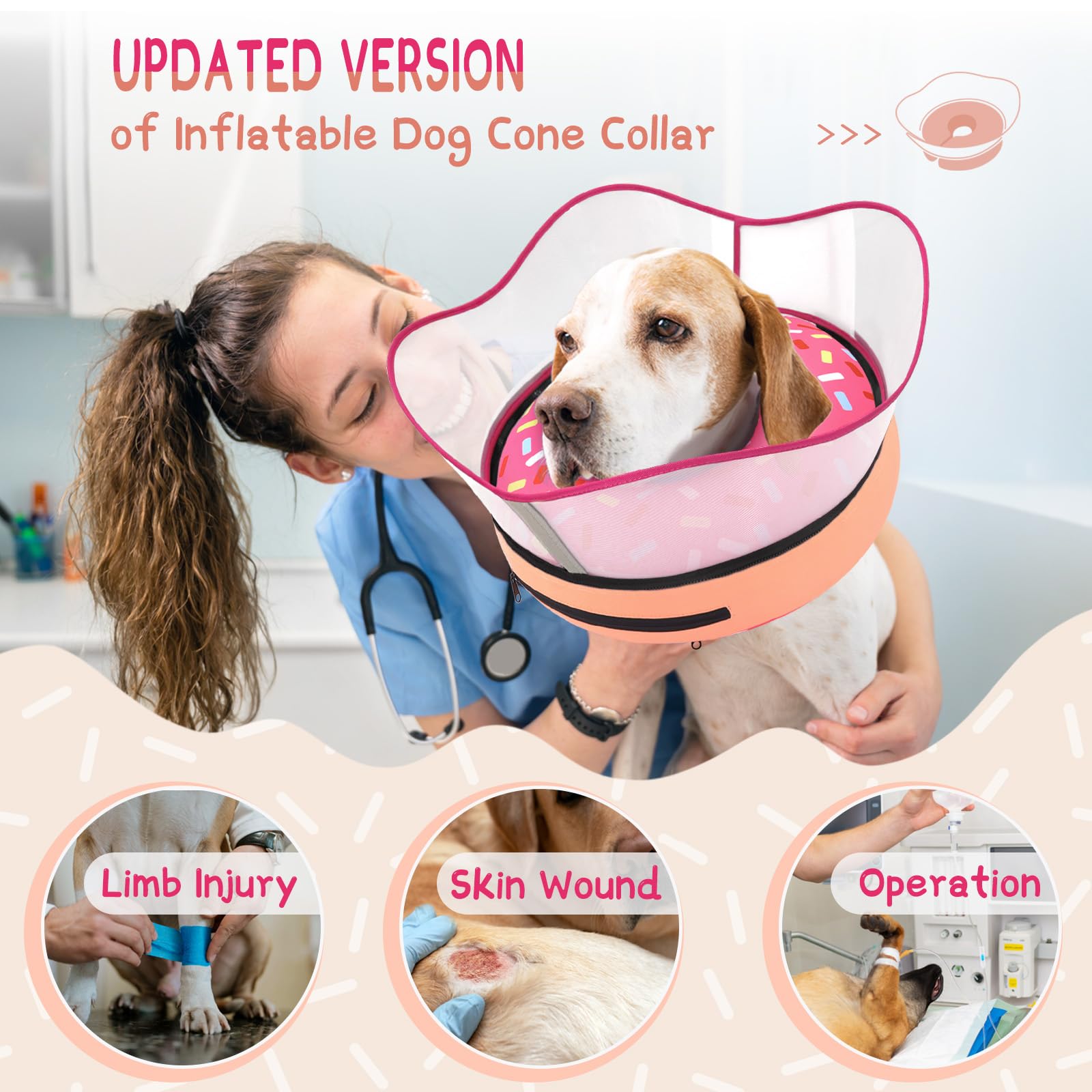 Supet dog cone with non-stick fabric and zippered cover simplifies cleaning.