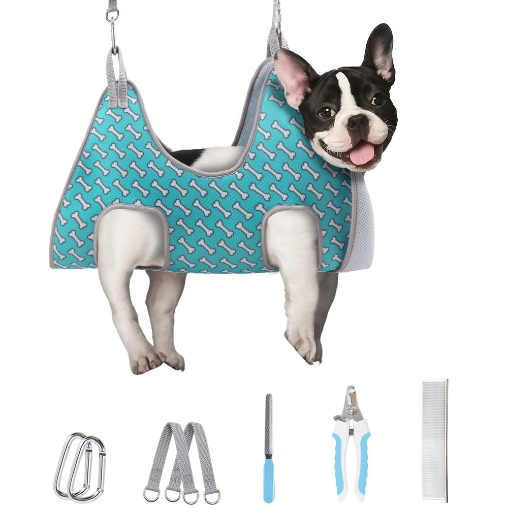 Supet dog grooming hammock coral blue in use for nail trimming and comfort.