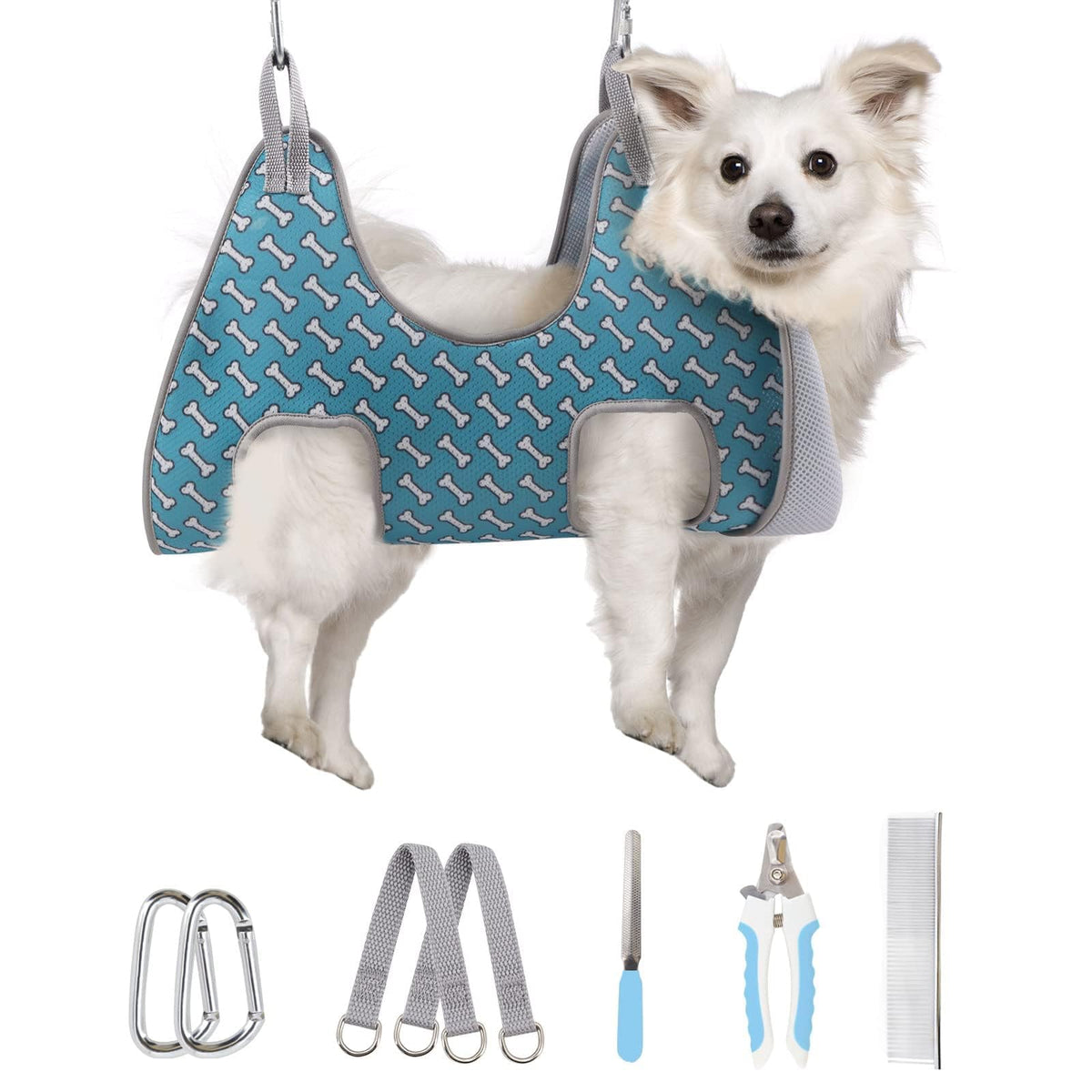 Supet dog grooming hammock coral blue enables easy at-home nail trimming.