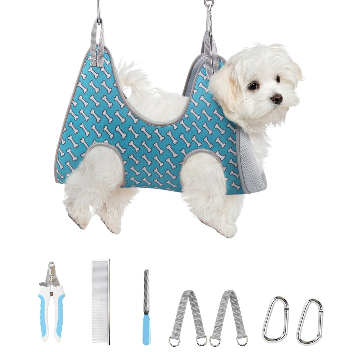 Supet grooming hammock in coral blue used for calm nail trimming