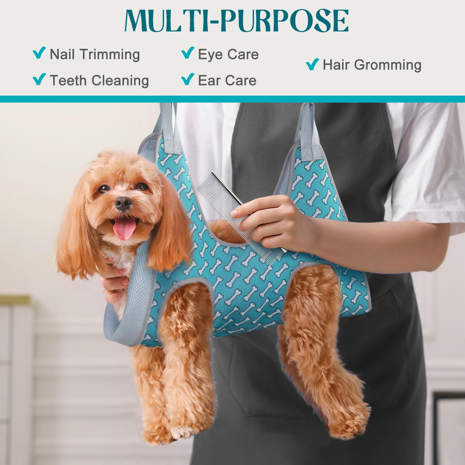 Supet grooming hammock demonstrates nail-trim positioning for safe at-home grooming.