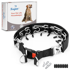 Supet dog prong collar with quick-release buckle supports training sessions.