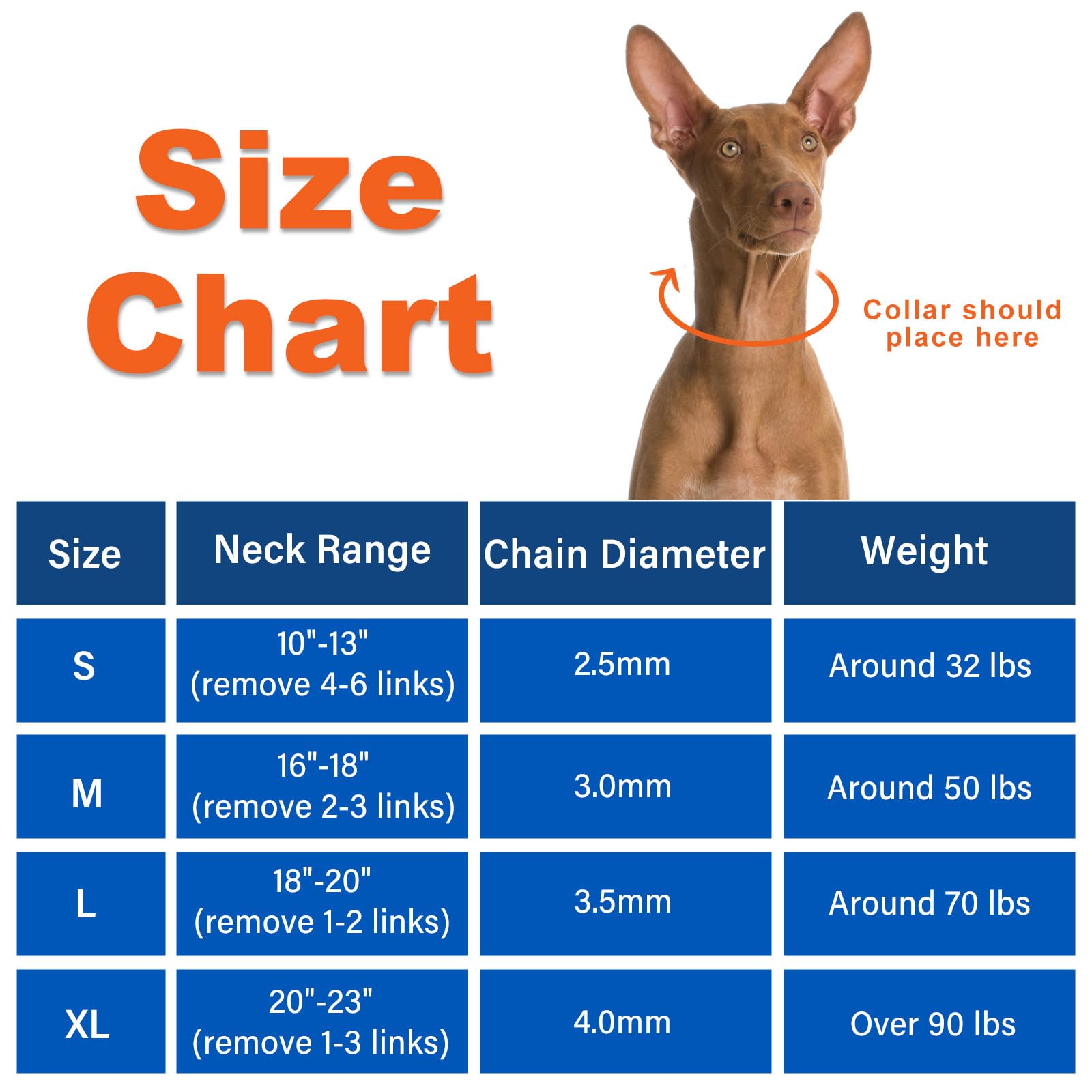 Supet collar includes spare links for easy size adjustments.