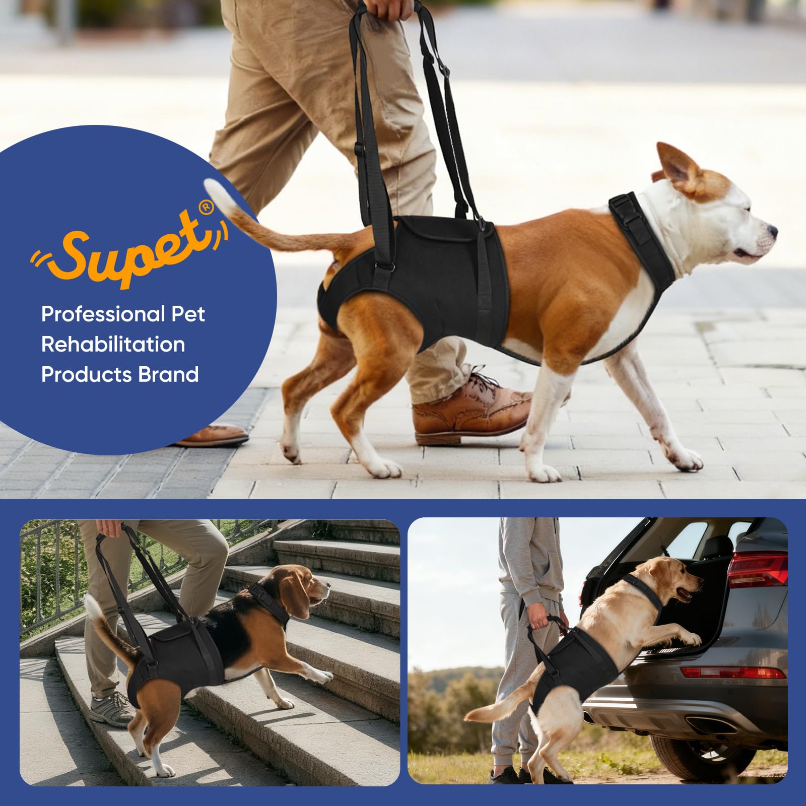 Supet dog sling abdomen-to-neck connection reduces neck strain.