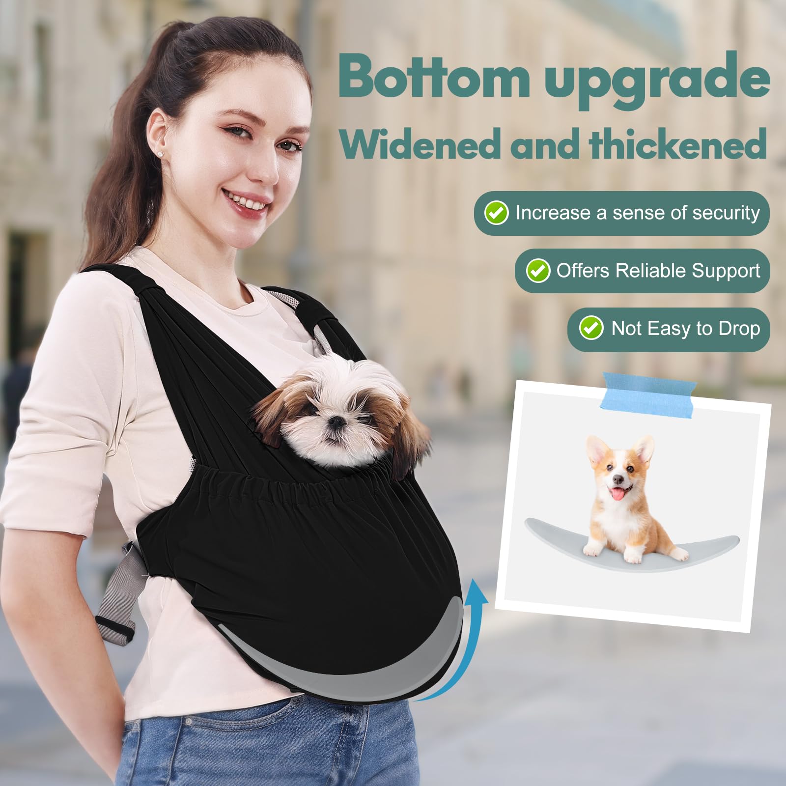 Supet sling features breathable mesh fabric to stay cool on walks.