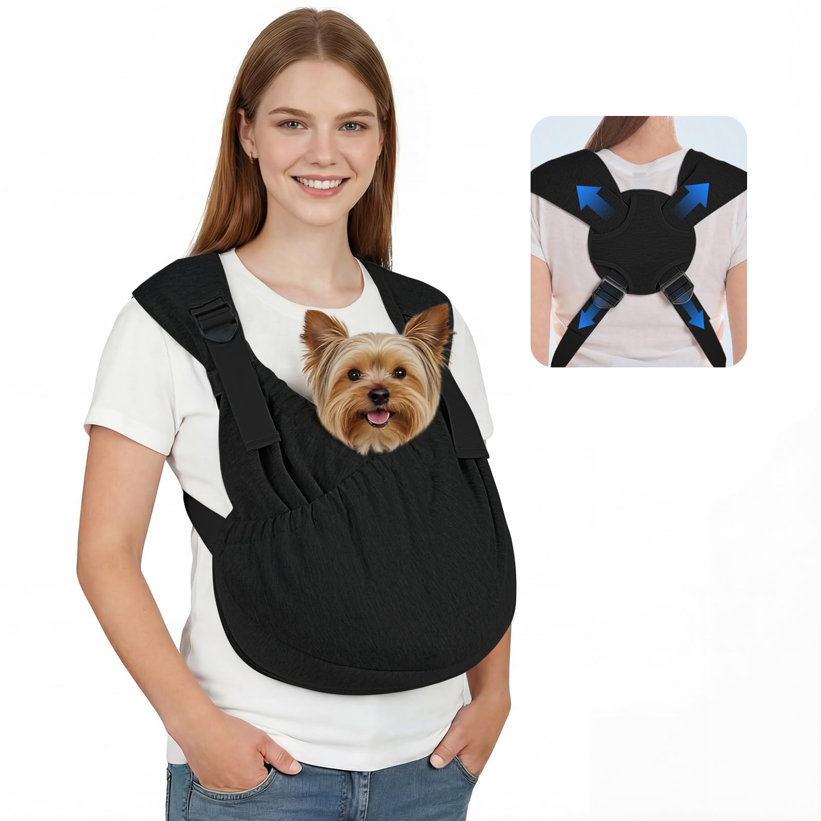 Supet Dog Sling Carrier front view shows hands-free close fit for small dogs.