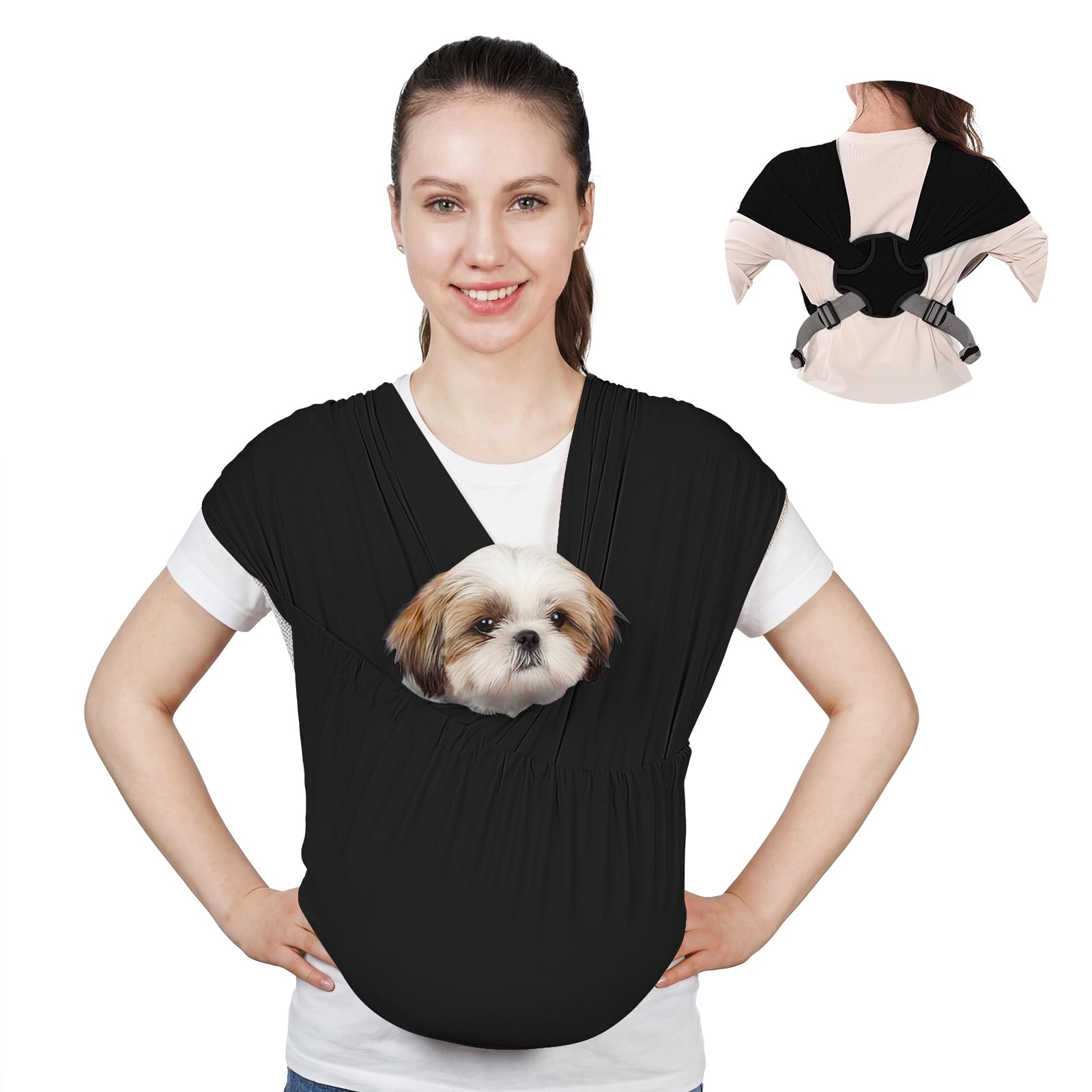 Supet dog sling with dual-strap comfort for ergonomic carrying of a small pet.