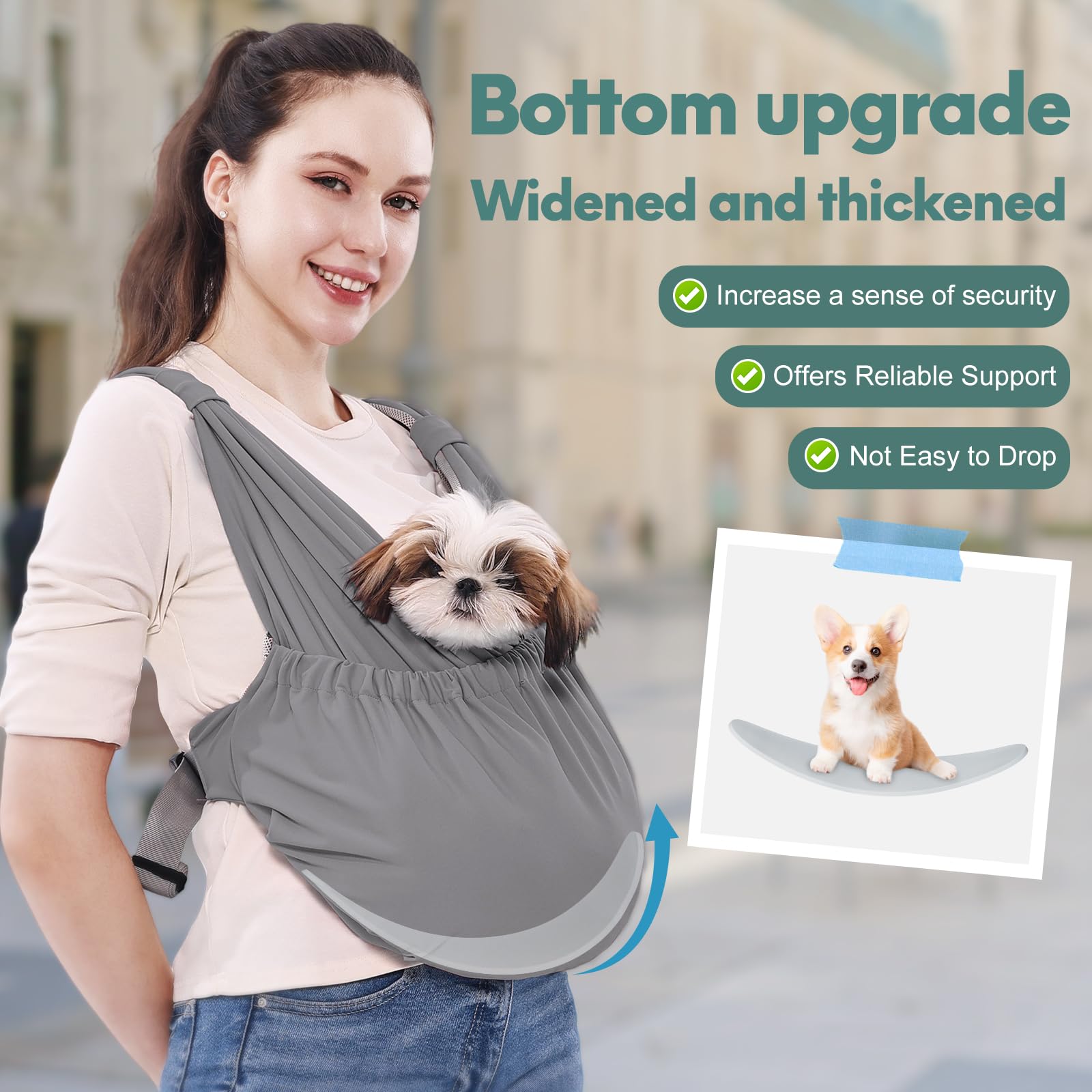 Supet dog sling reinforced-base prevents sagging and keeps pet secure.