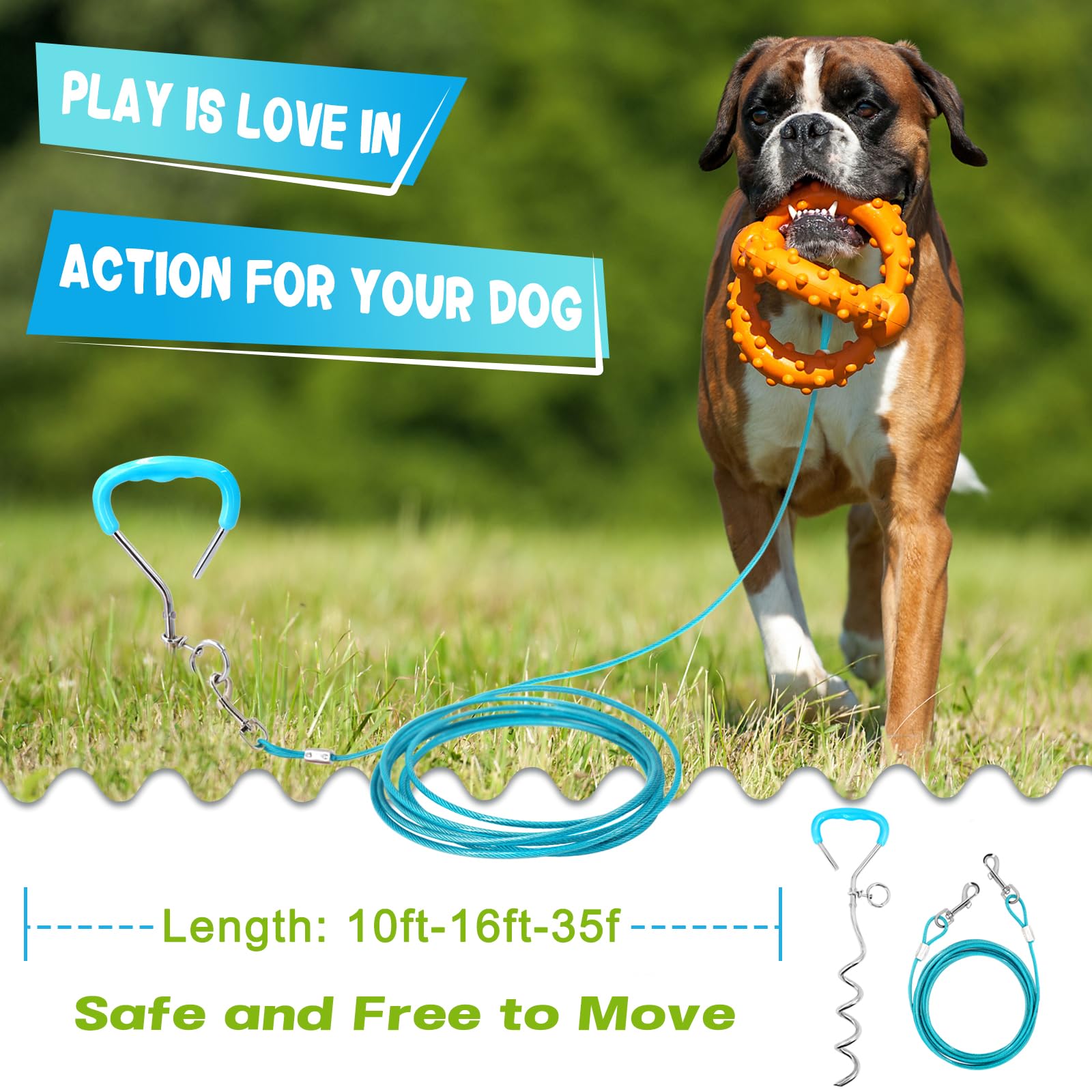 Supet dog tie-out with 16 ft lead for flexible boundary in yard or park