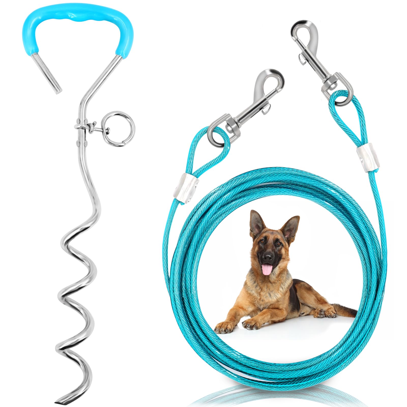Supet dog tie-out with 32 ft lead for secure outdoor containment during camping