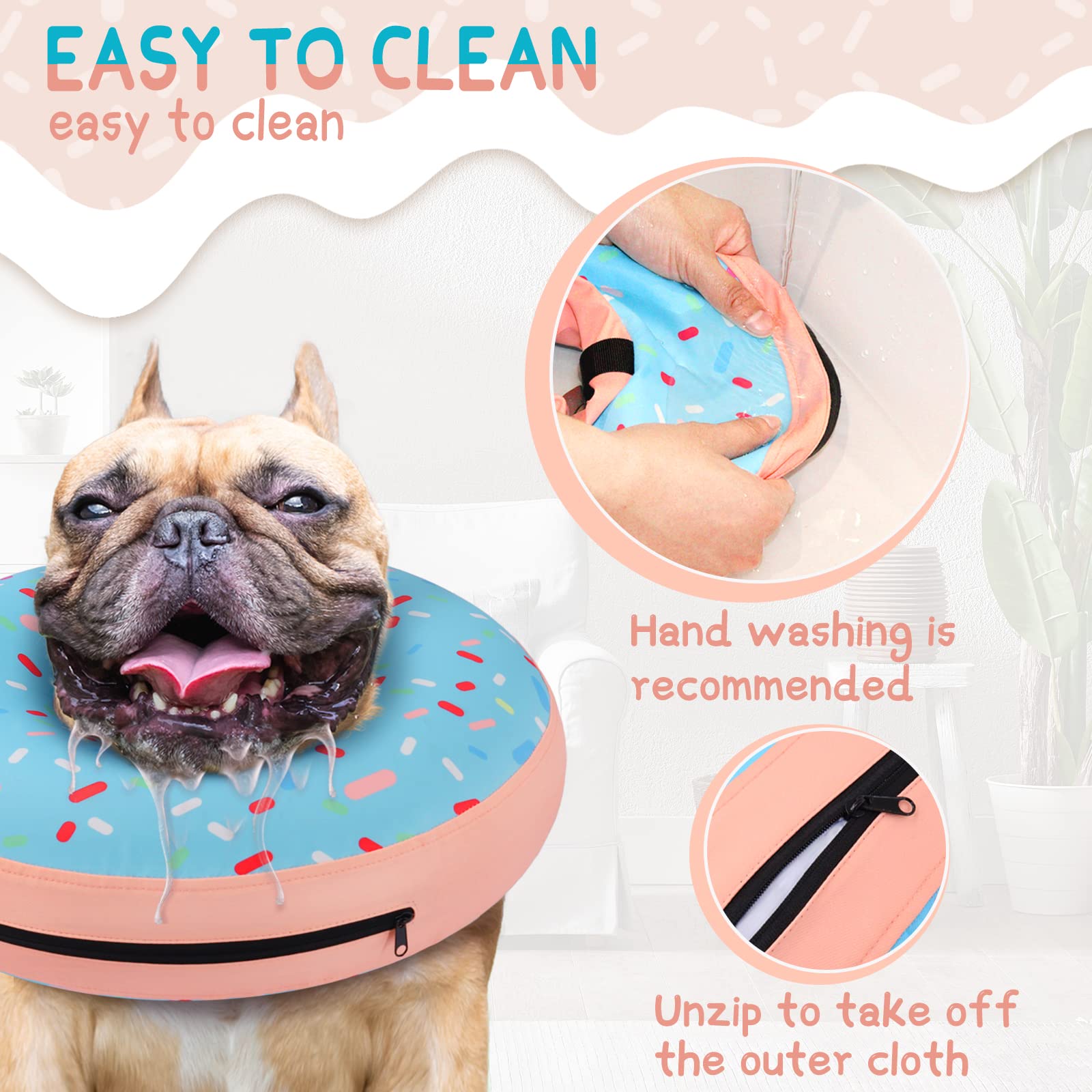 Supet donut-collar with easy-clean zip-off outer cover.
