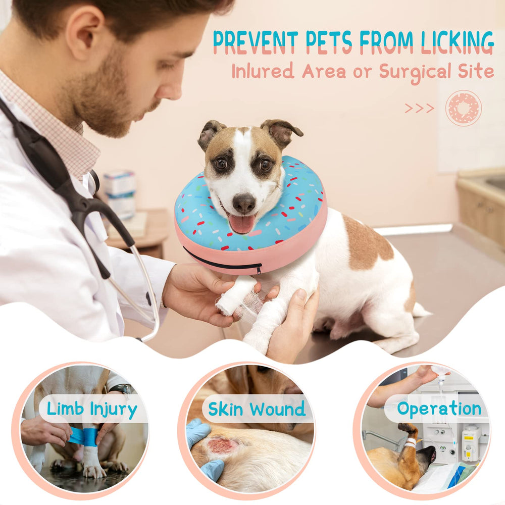 Supet donut collar in recovery scene offers neck support and comfort.