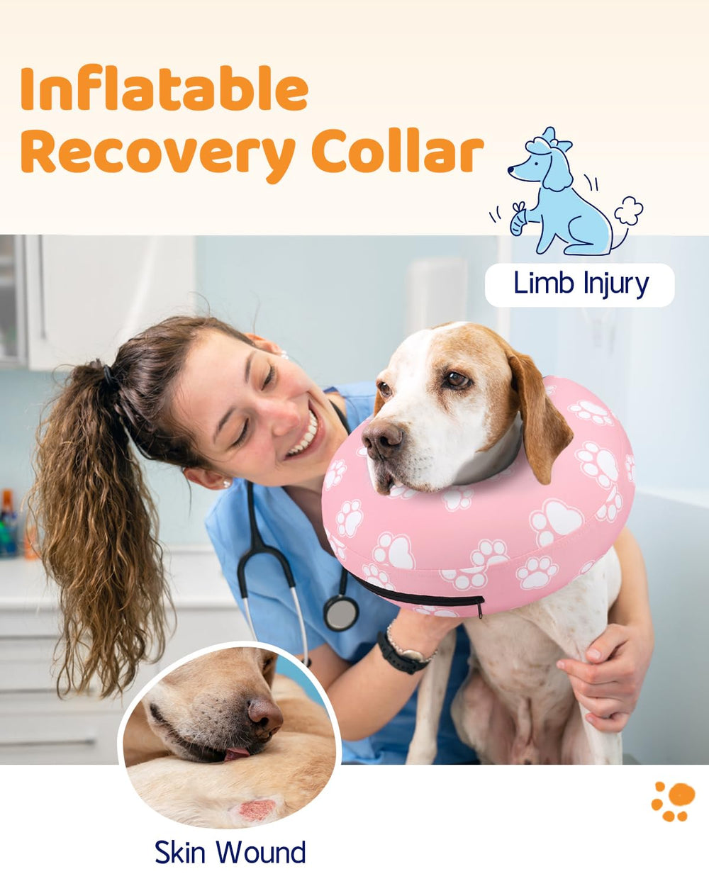 Supet donut collar in recovery scenario demonstrates bite prevention.