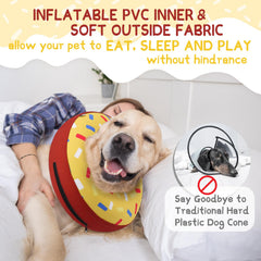 Supet dog cone with inner air bag supports neck while staying light.