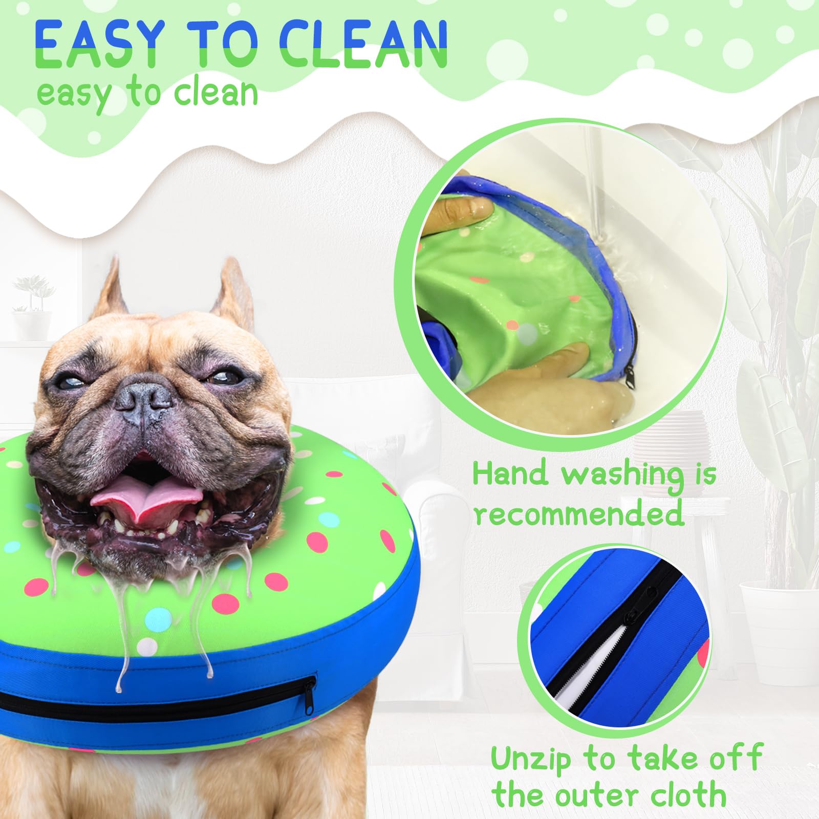 Supet donut cone worn by a dog during outdoor activity and exploration.