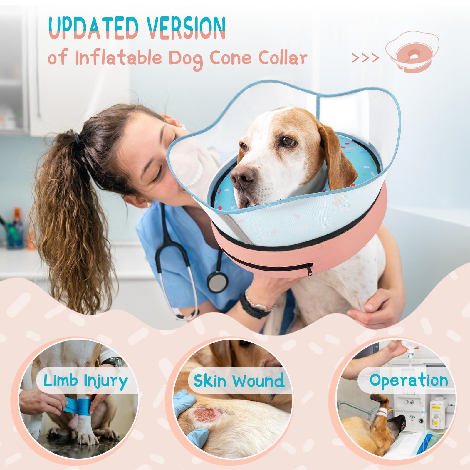 Supet donut dog cone with non-stick fabric reduces hair buildup and simplifies cleaning.
