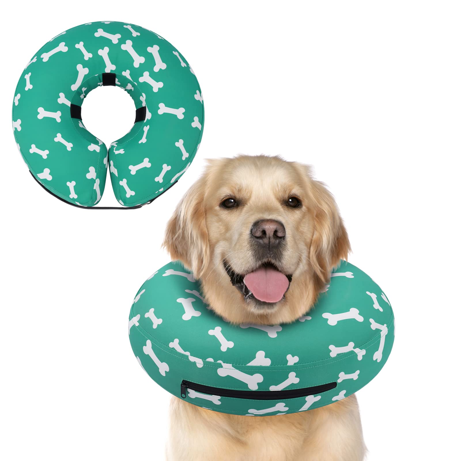 Supet inflatable dog cone with donut design protects surgical area.