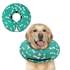Supet inflatable dog cone with donut design protects surgical area.
