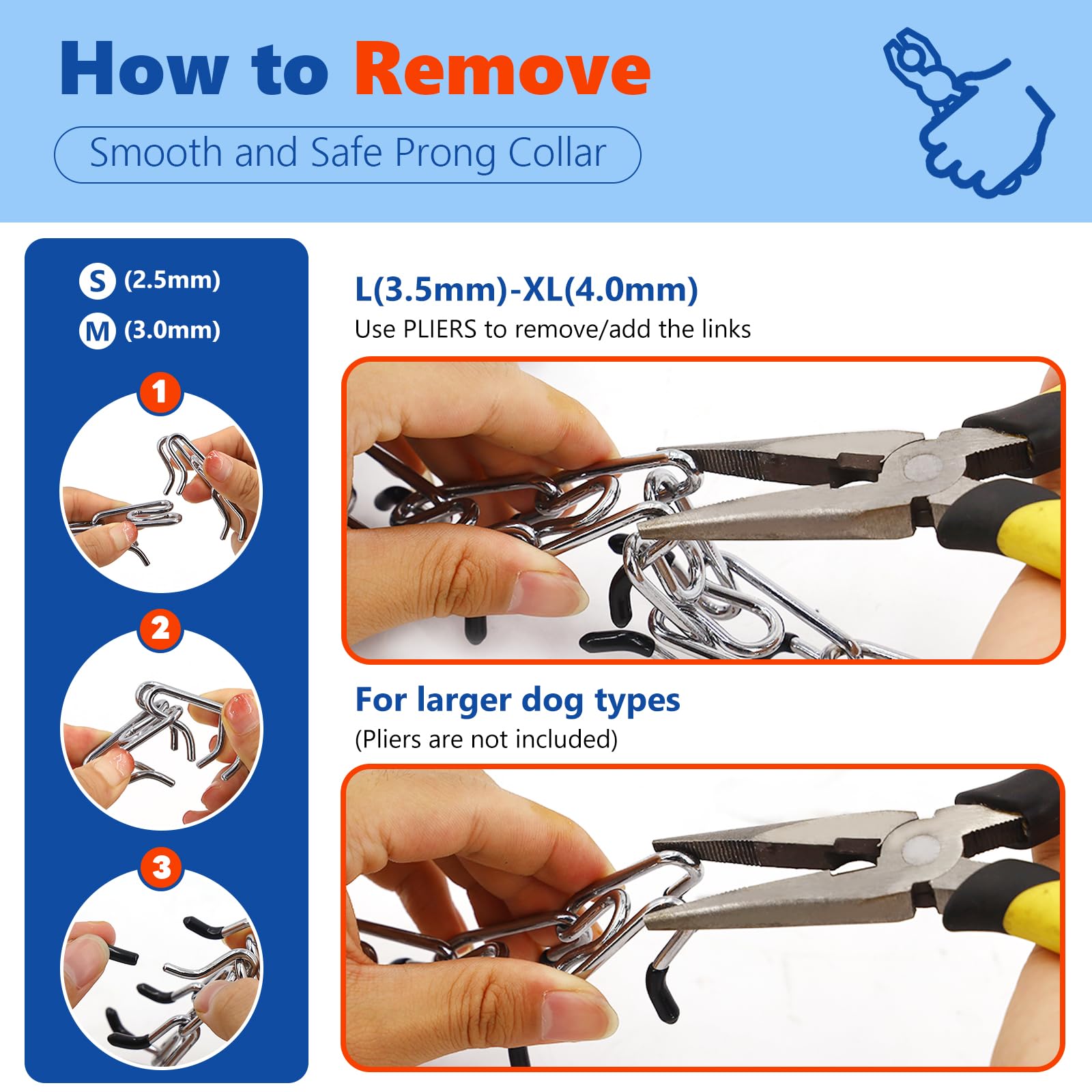 Supet prong collar includes an extra link for precise adjustment