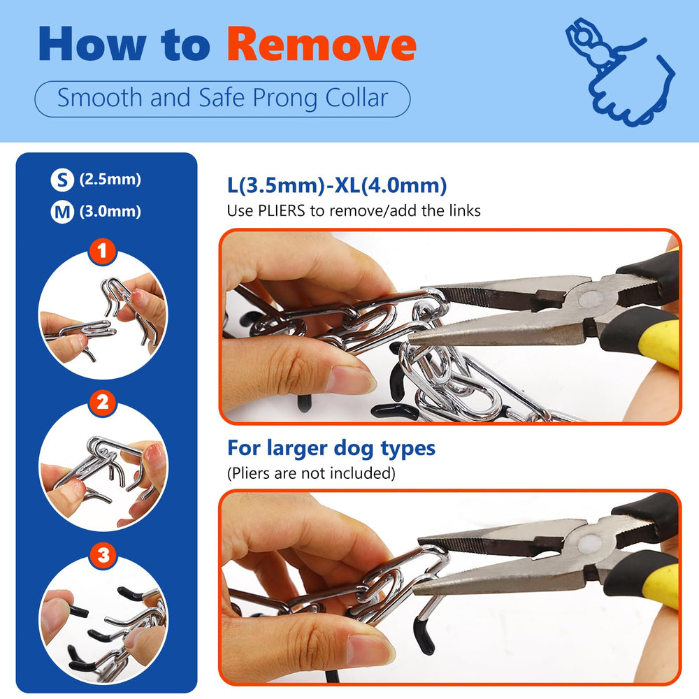 Supet prong collar includes an extra link for precise adjustment