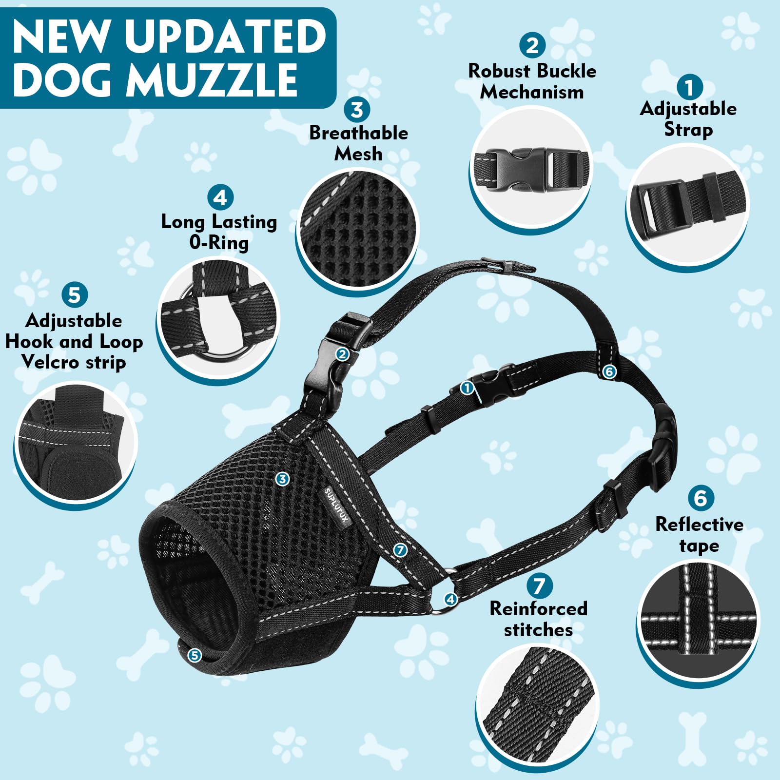 Close up of adjustable straps on the SuplutuX muzzle for a secure fit