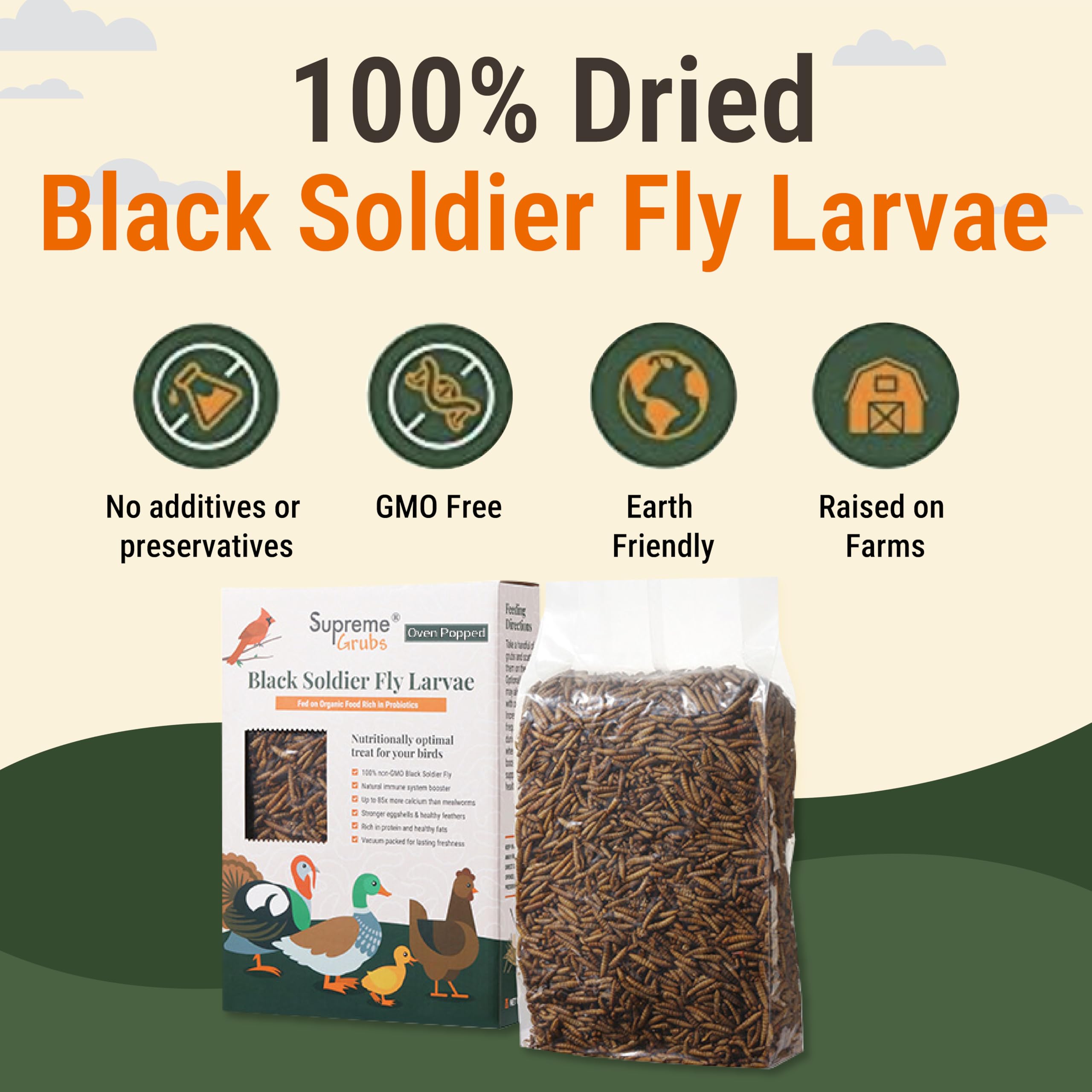 Supreme Grubs protein-rich chicken treat product image; supports healthy poultry nutrition
