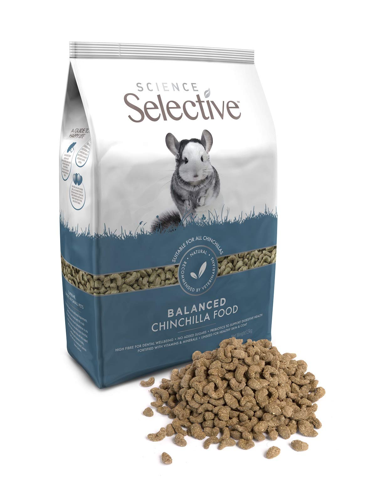 Supreme Petfoods Science Selective chinchilla bag demonstrates balanced nutrition for nibbling pets.