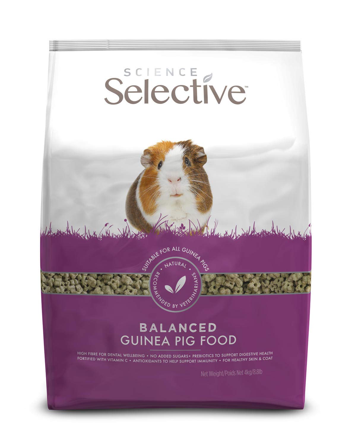 Supreme Petfoods Science Selective guinea pig food packaging showing a balanced daily diet.