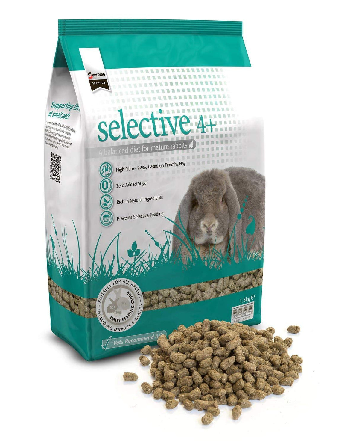 Supreme Petfoods Science Selective Rabbit Mature kibble bag supports healthy skin and coat in senior rabbits