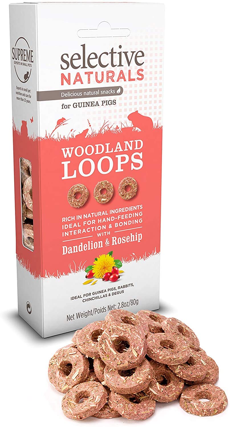 Close-up of Woodland Loops treats, high-fiber snack suitable for rabbits and guinea pigs.