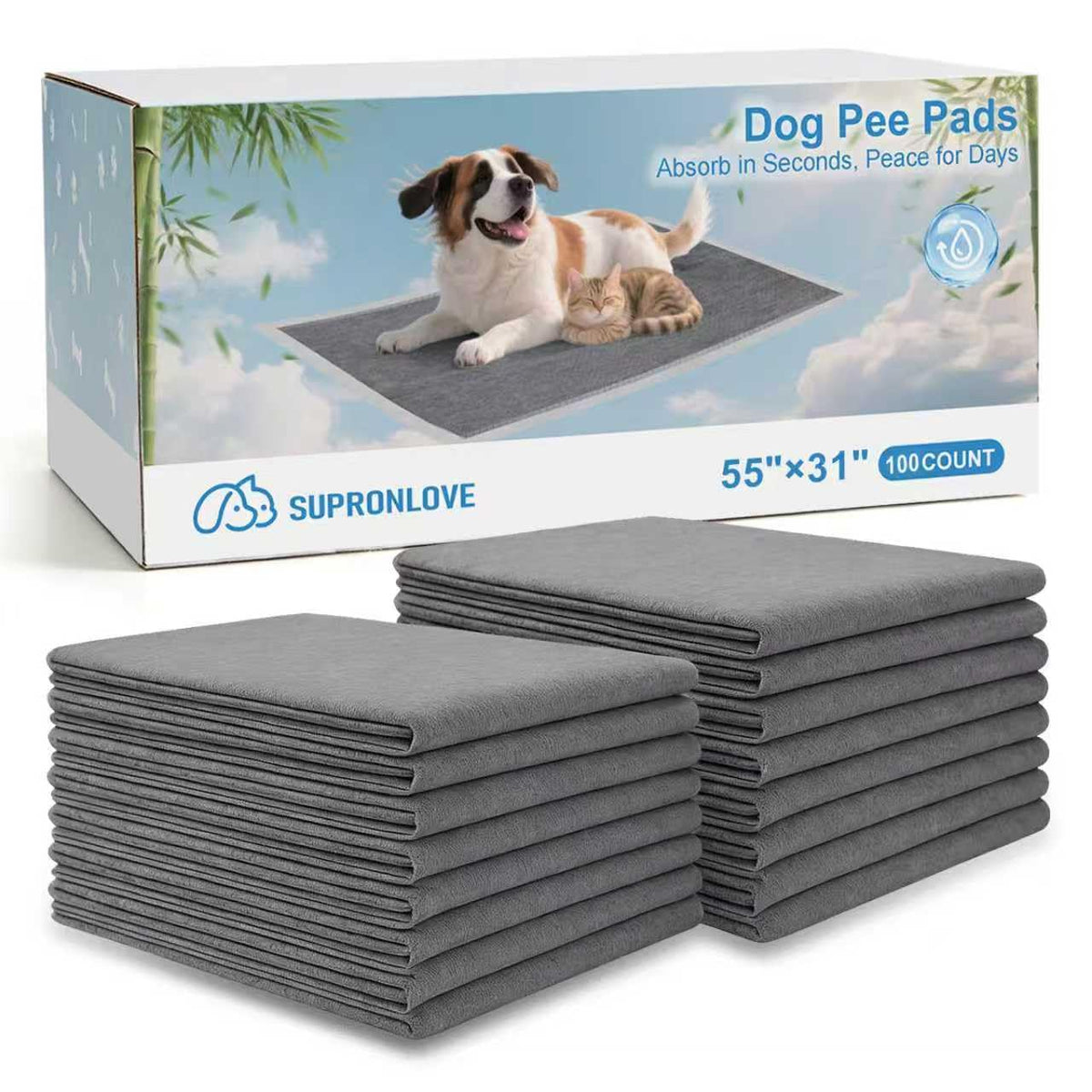 SUPRONLOVE Charcoal Puppy Pads 55x31 top view shows ultra-large coverage for training