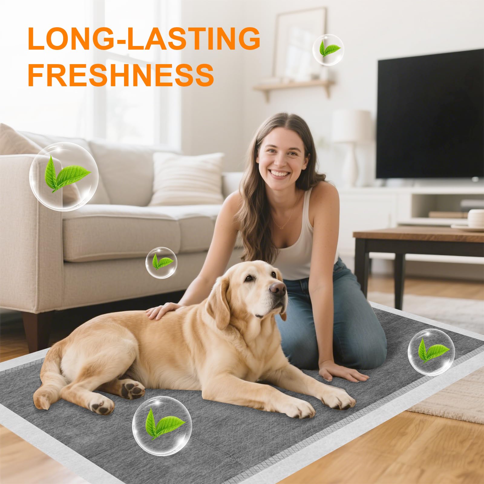 SUPRONLOVE charcoal puppy pads six-layer protection keeps floors dry.