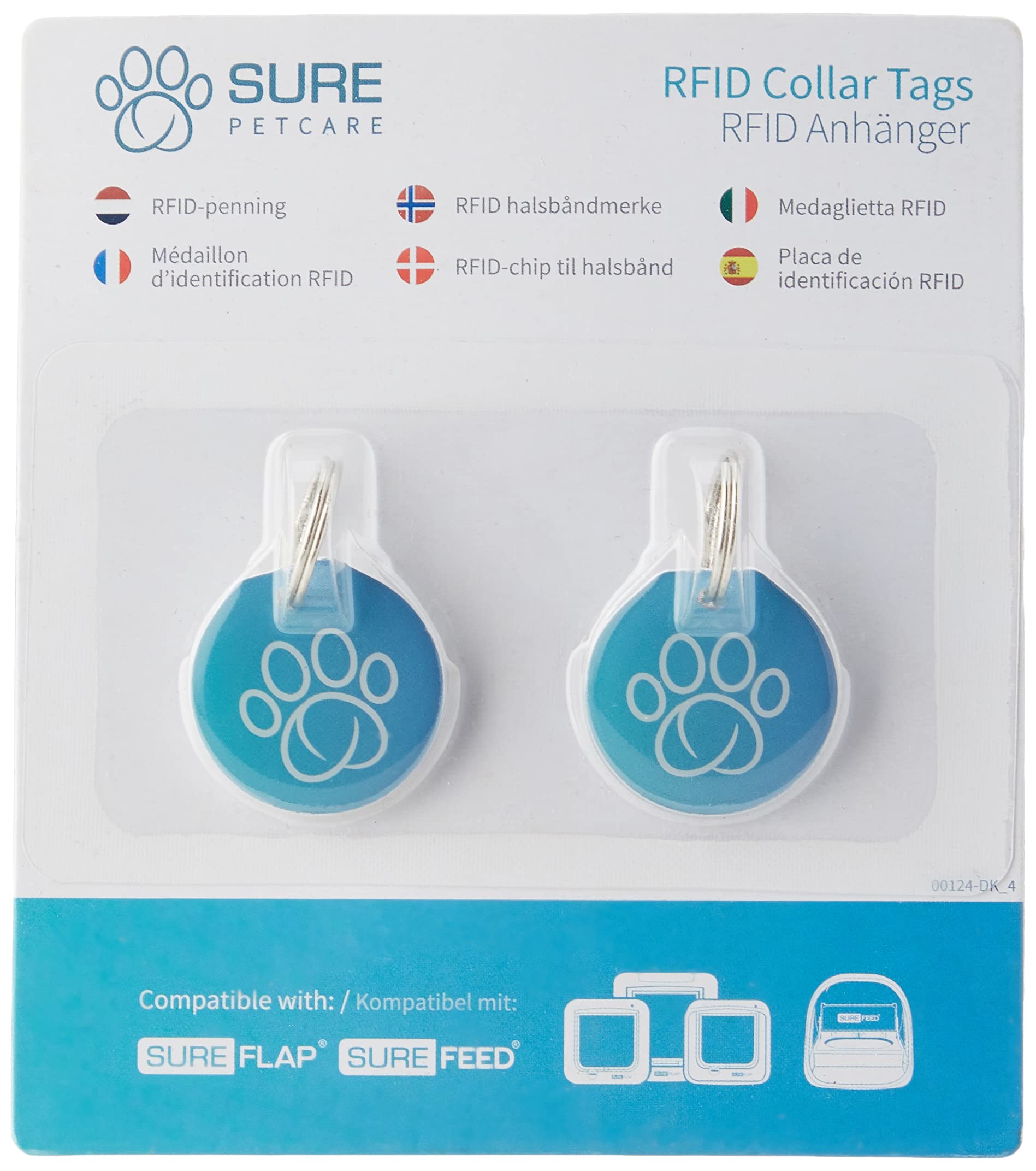 SureFlap SureFeed two-collar-tags closeup, lightweight access control for non-microchipped pets.