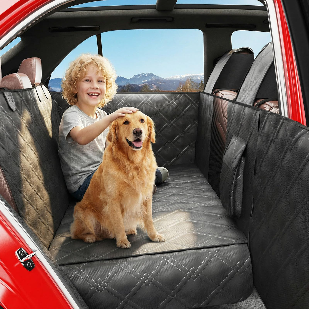 Surfcabin back seat extender with dog hammock provides waterproof protection and easy access.