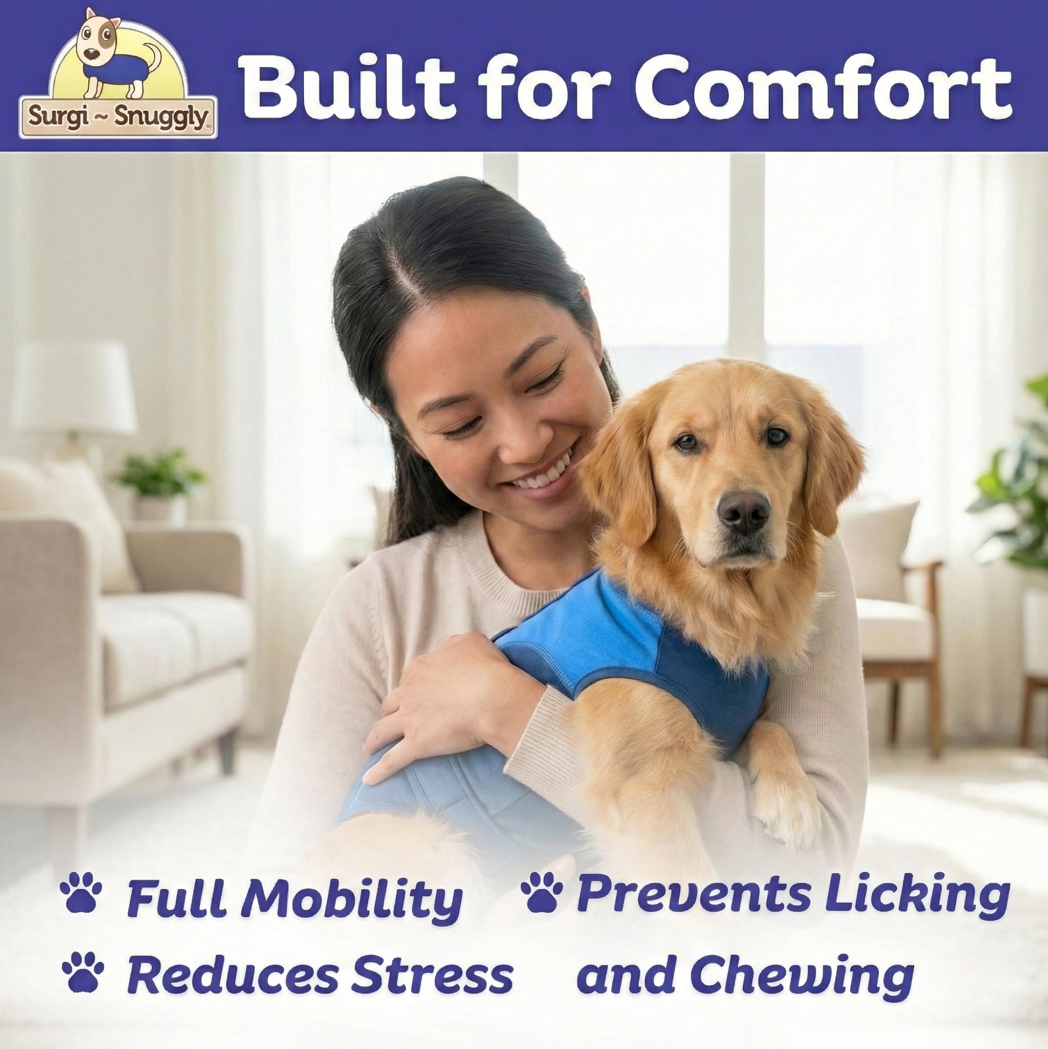Surgi~Snuggly breathable stretch fabric keeps dogs comfortable.