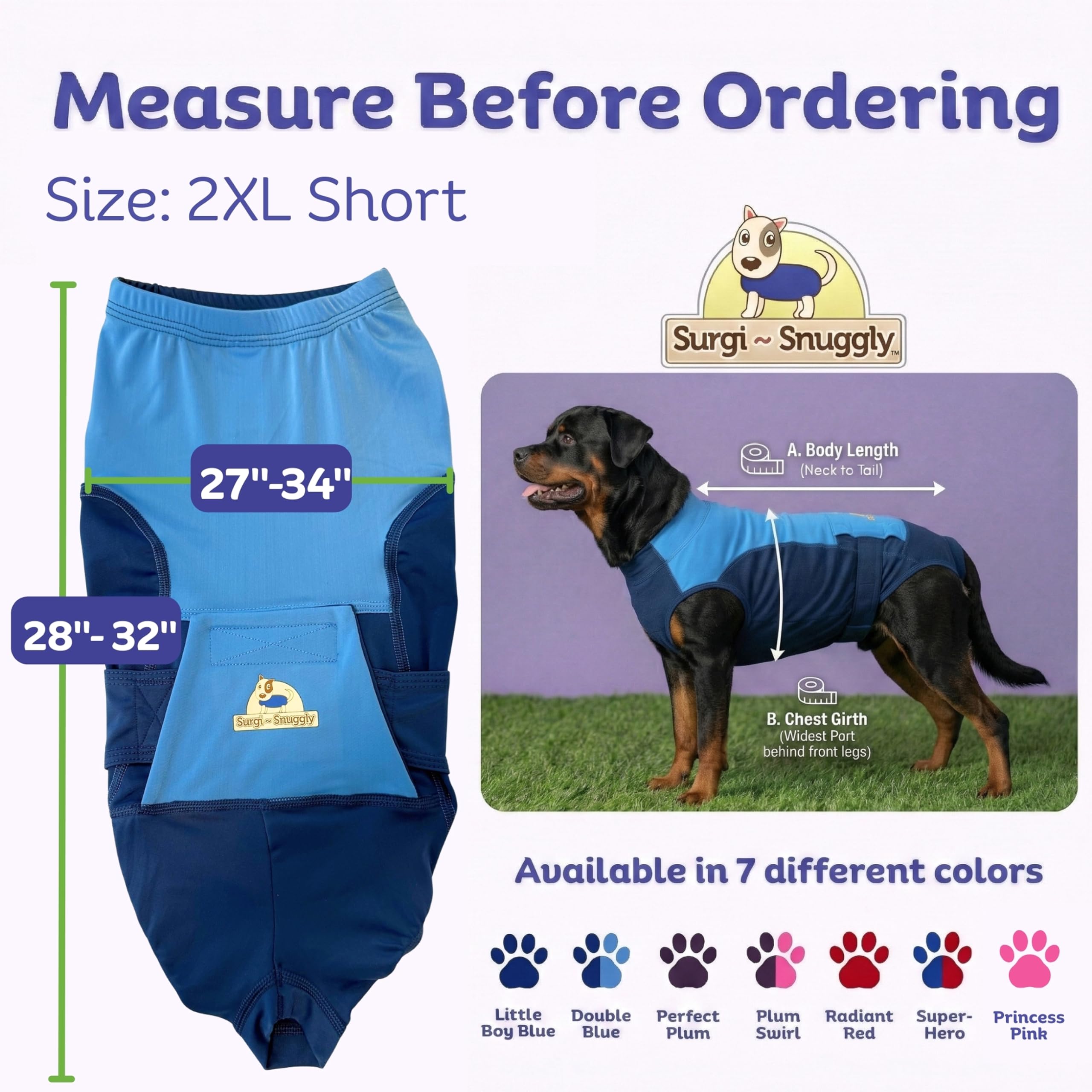 Surgi~Snuggly dog surgery suit back view showing secure fit during healing