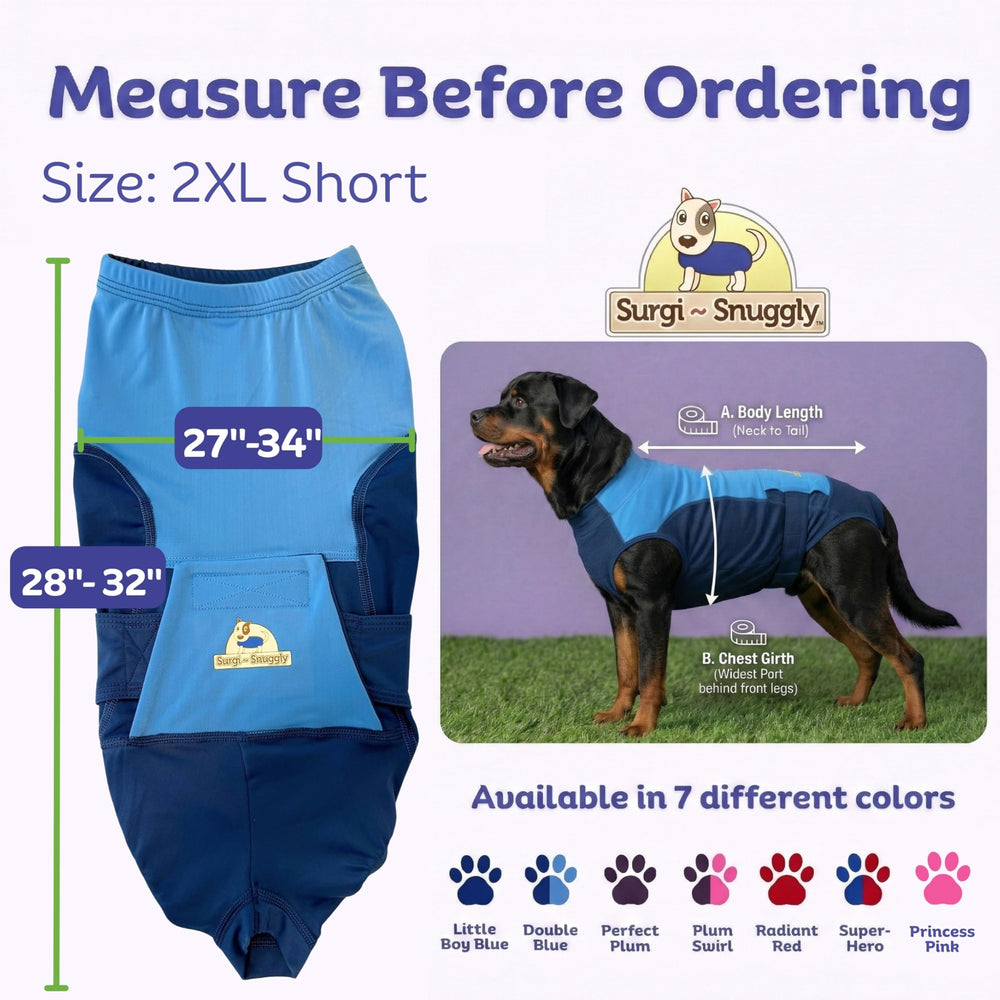 Surgi~Snuggly dog surgery suit back view showing secure fit during healing